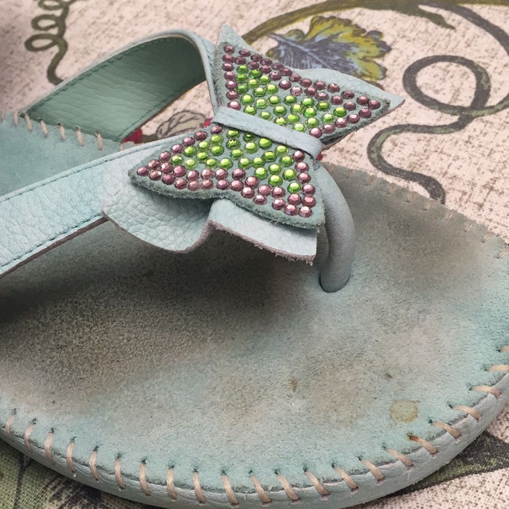 Mint Leather Rhinestone Butterfly Flip Flops - Picture 3 of 7